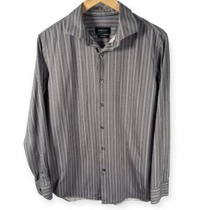 Bugatchi Shirt‎ Mens Large Grey White 8 Way Stretch OoohCotton Tech Striped